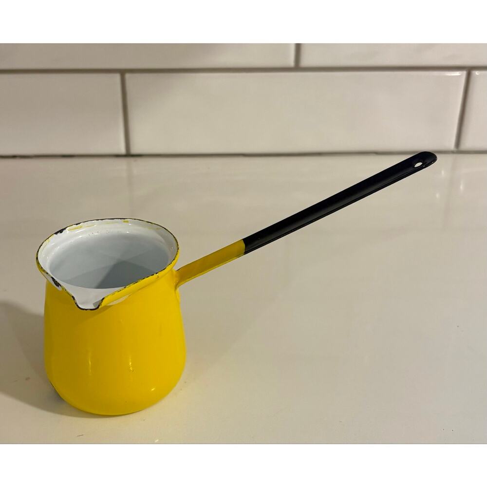Vintage Yellow Enamelware Butter Melting Pot Sauce Warmer Turkish Coffee